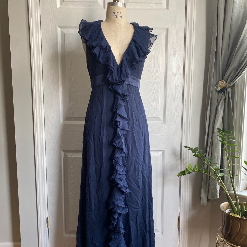 Marchesa Notte Navy Blue Halter Gown Silk Ruffle Maxi Size 10 Party Gala Glam